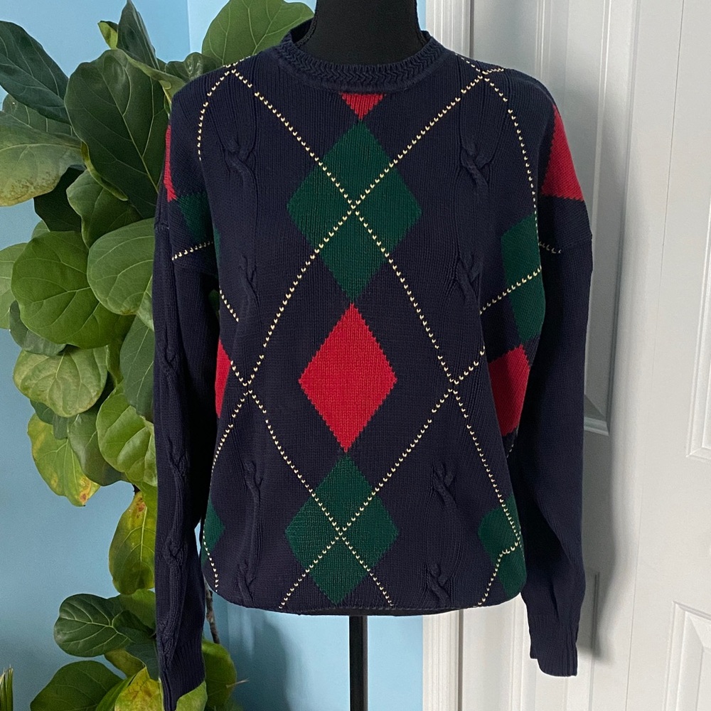 Woods & Gray Large Argyle Navy Knit Textured Sweater with Red And Green Detail - Picture 5 of 6